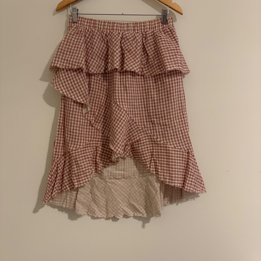 Moon River Red Gingham Ruffle High Low Midi Skirt MR4030 Large
